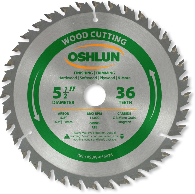 Oshlun SBW-055036 5-1/2-Inch 36 Tooth ATB Finishing and Trimming Saw Blade with 5/8-Inch Arbor (1/2-Inch and 10mm Bushings) - Image 1